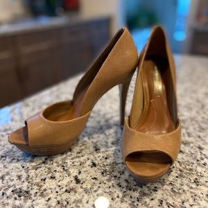 SOLD | BCBGMaxAzria Peep Toe Platform Stilettos | Tan | 7